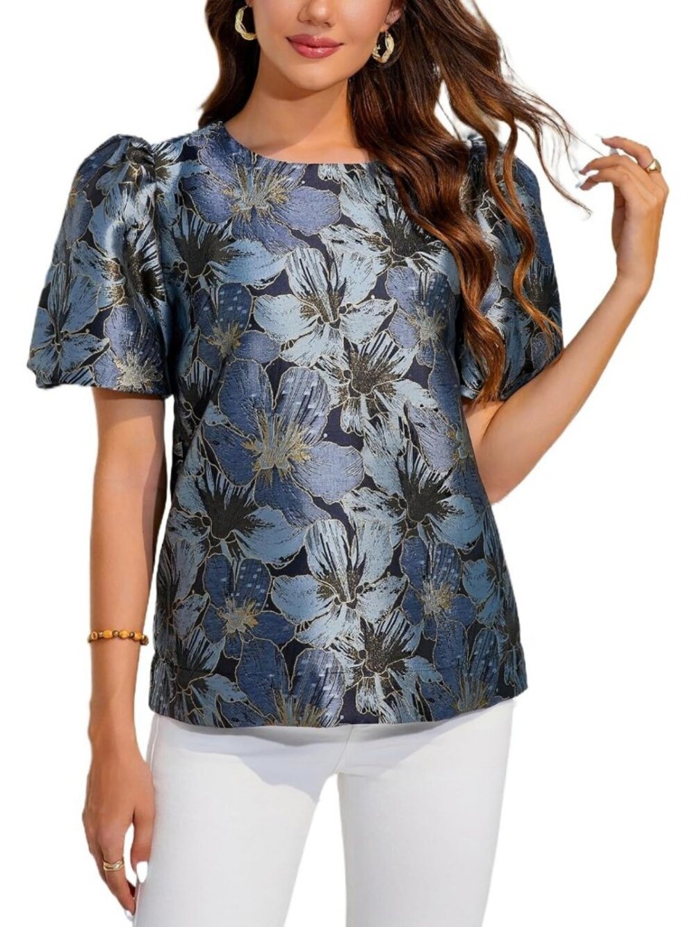 Floral Jacquard Crewneck Blouse | Puff Sleeve Elegant Work Top for Women